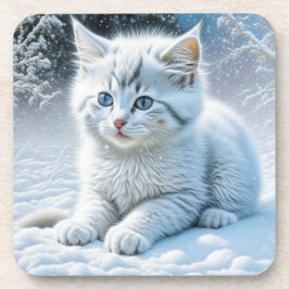 Posavasos Gato blanco lindo jugando en la nieve