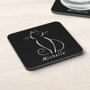 Posavasos Gato blanco minimalista en negro Añadir nombre