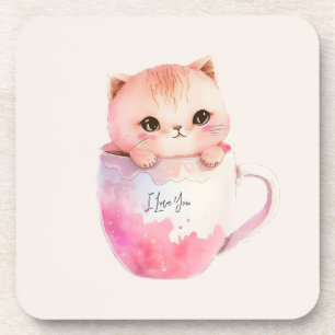 Posavasos Gato blanco-rosado en una taza de té (2)