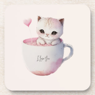 Posavasos Gato blanco-rosado en una taza de té (4)