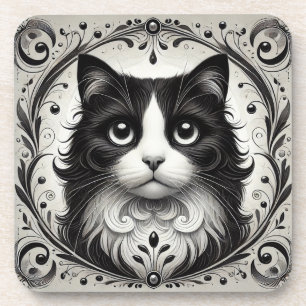 Posavasos Gato blanco y negro resplandeciente ❄️ Retrato ele