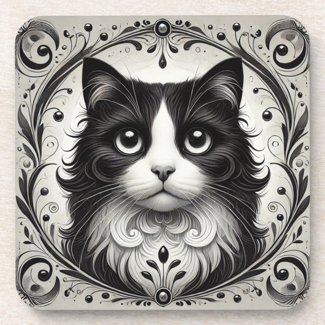 Posavasos Gato blanco y negro resplandeciente ❄️ Retrato ele (Frente)