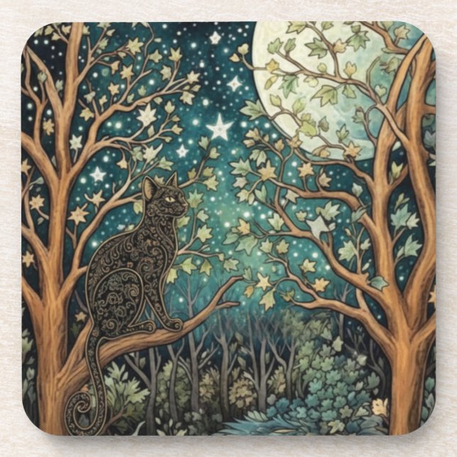 Posavasos Gato boho cielo nocturno estrellado bosque (Frente)