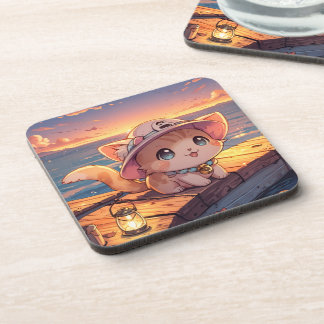 Posavasos Gato Chibi Adorable en el Puerto al Atardecer – Ca