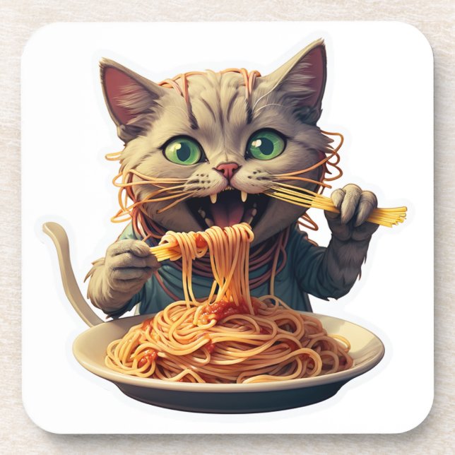 Posavasos Gato comiendo Spaghetti (Frente)