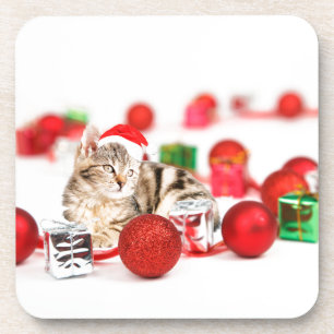 Posavasos Gato con adorno de Navidad sombrero rojo de Santa