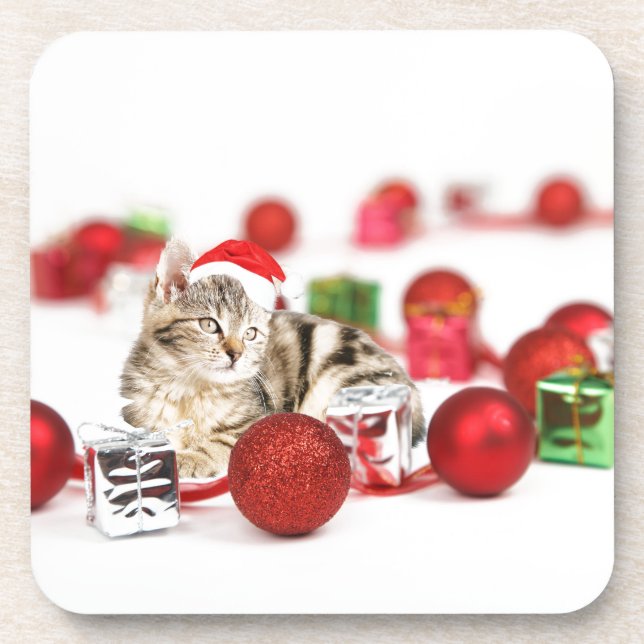 Posavasos Gato con sombrero rojo de Papá Noel Ornamento de N (Frente)
