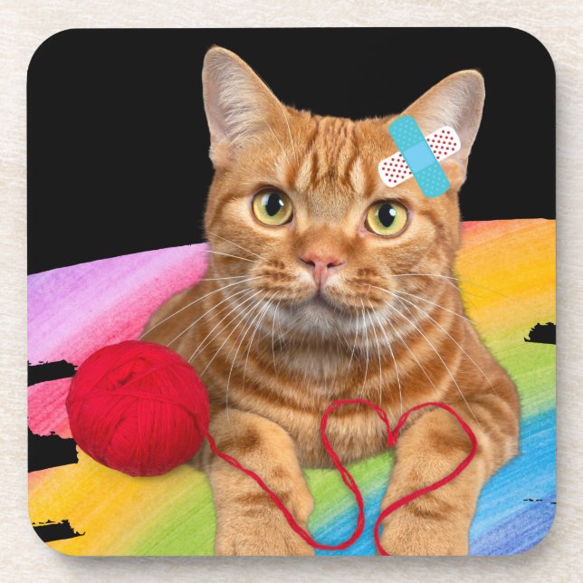 Posavasos Gato dañado en fondo arco iris (Frente)