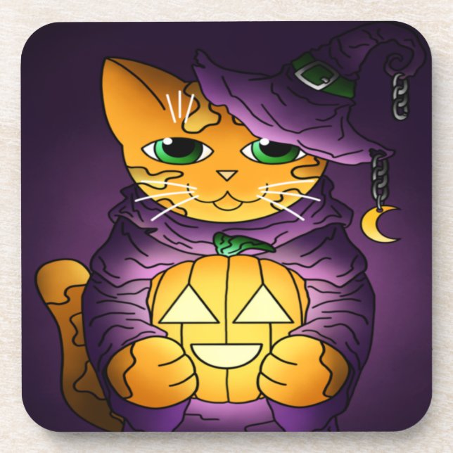 Posavasos Gato de bruja morado de Halloween (Frente)