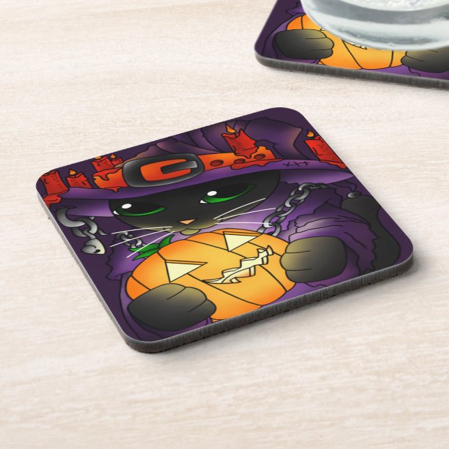 Posavasos Gato de bruja negra de la calabaza de Halloween (Lado Izquierdo)