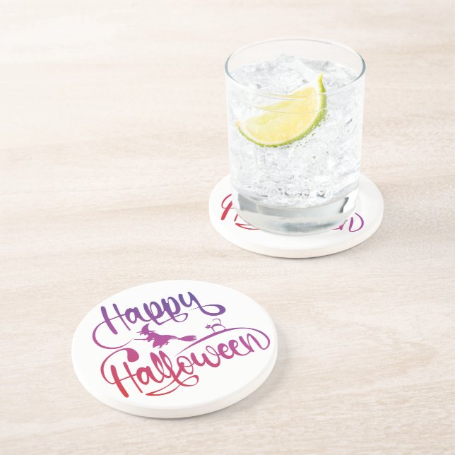 Posavasos Gato de bruja voladora feliz gradiente de Hallowee (Lado)