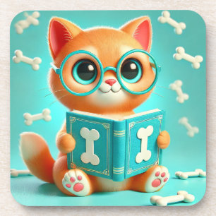 Posavasos Gato de dibujos animados adorable leyendo un libro