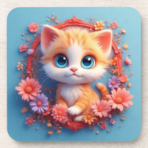 Posavasos Gato de dibujos animados adorable rodeado de flore