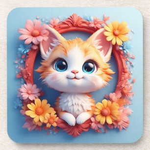 Posavasos Gato de dibujos animados adorable rodeado de flore