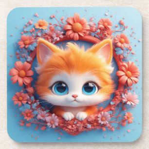 Posavasos Gato de dibujos animados adorable rodeado de flore