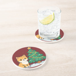 Posavasos Gato de dibujos animados junto al sticker de árbol