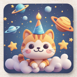 Posavasos Gato de dibujos animados lindo en nube con sombrer