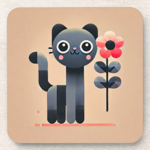 Posavasos Gato de dibujos animados lindo sosteniendo una flo