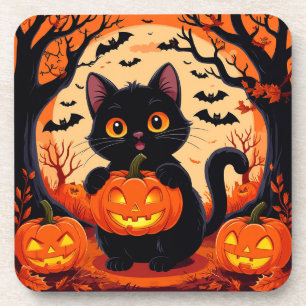 Posavasos Gato de dibujos animados y calabazas bajo luna lle