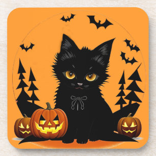 Posavasos Gato de dibujos animados y calabazas bajo luna lle