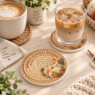 Posavasos Gato de ganchillo beige Mamá personalizado Nombre