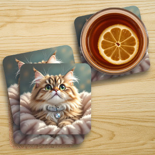 Posavasos Gato de grisácea suave con collar de diamante