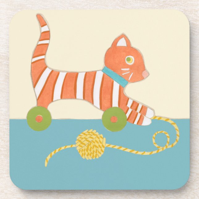 Posavasos Gato de juguete a rayas con bola de cuerda (Frente)