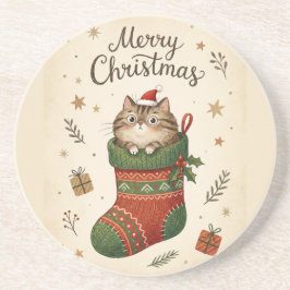 Posavasos Gato de Navidad en Calcetín