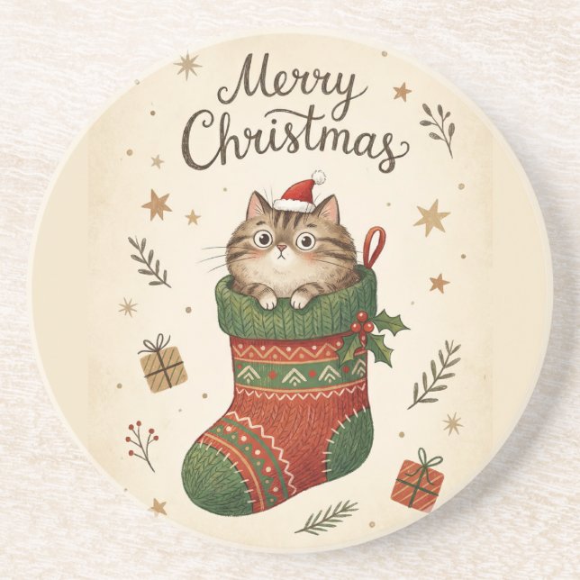 Posavasos Gato de Navidad en Calcetín (Frente)