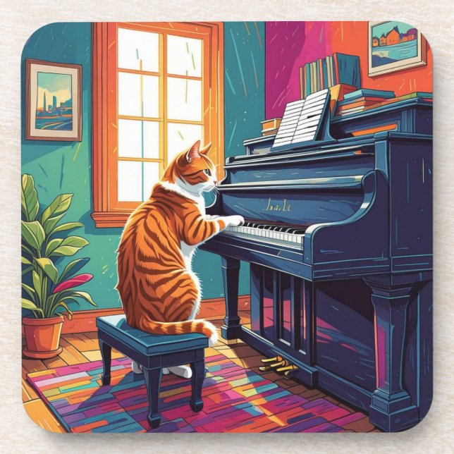 Posavasos Gato de Tabby jugando al piano (Frente)