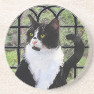 Posavasos Gato de Tuxedo en la ventana Pintura de arte anima