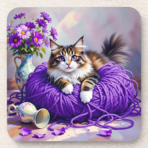 Posavasos Gato en hilo púrpura y flores