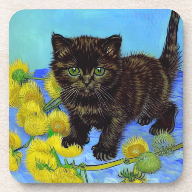 Posavasos Gato estilo Van Gogh con girasoles (Frente)
