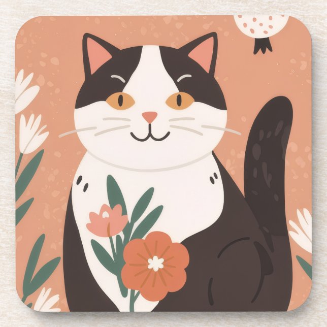 Posavasos Gato Feliz y Adorable con Flores de Primavera  (Frente)