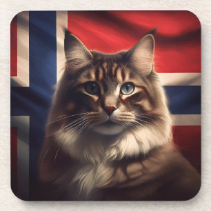 Posavasos Gato Forestal Noruego Frente A La Bandera Noruega