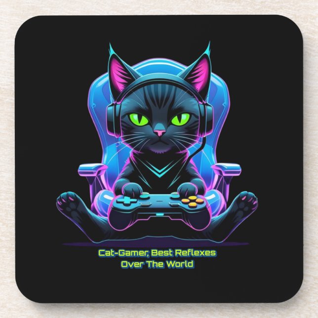 Posavasos Gato gamer futurista con joystick y actitud felina (Frente)