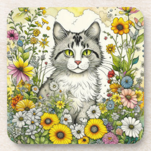 Posavasos Gato Gris gitano sentado en flores