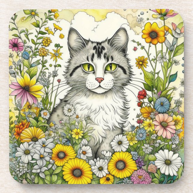 Posavasos Gato Gris gitano sentado en flores (Frente)