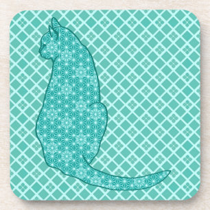 Posavasos Gato japonés - Impresión de kimono turquesa