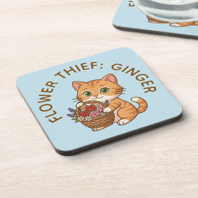 Posavasos Gato Jengibre Divertido Ladrón de Flores | Posavas (Lado Izquierdo)
