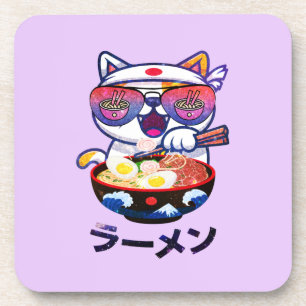 Posavasos Gato Kawaii comiendo Ramen - Aburridos fideos japo