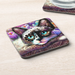 Posavasos Gato kitano siamés crocus floral morado blanco Ver