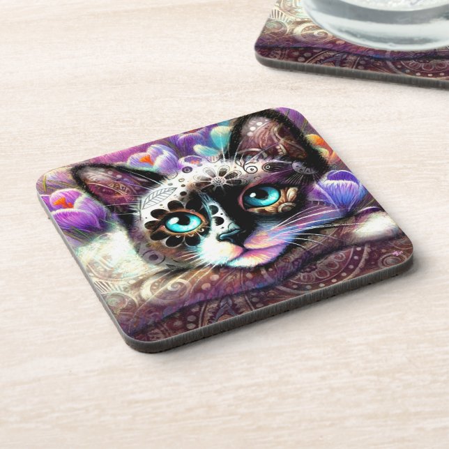 Posavasos Gato kitano siamés crocus floral morado blanco Ver (Lado Izquierdo)
