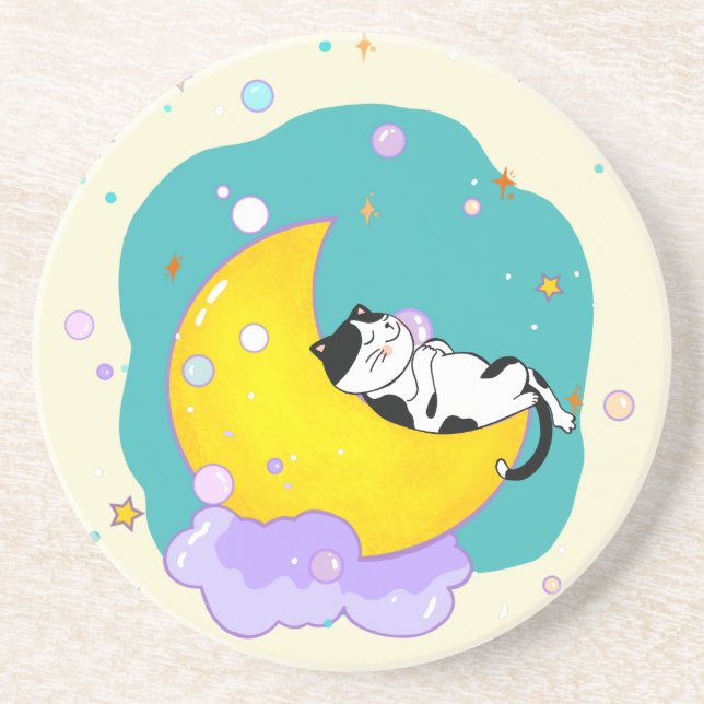 Posavasos Gato Kitty De Tuxedo Tonto Durmiendo En La Luna (Frente)