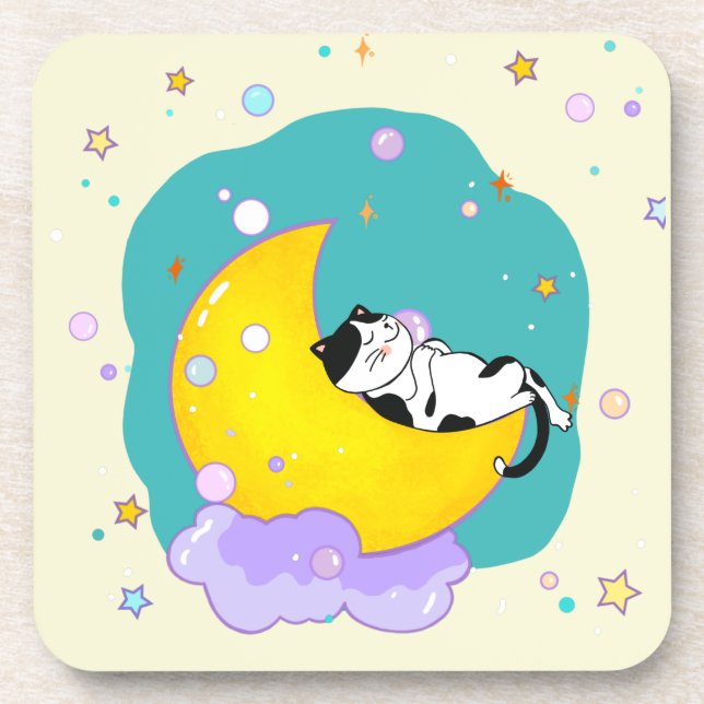 Posavasos Gato Kitty De Tuxedo Tonto Durmiendo En La Luna (Frente)