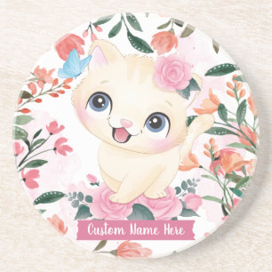 Posavasos Gato Lindo Rosas Rosadas Flores de Rubor Nombre Pe