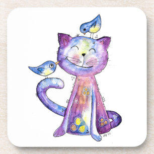 Posavasos Gato malva chiflado con pájaros