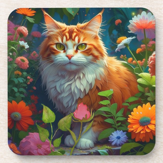 Posavasos Gato Naranja lindo en las flores (Frente)
