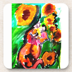 Posavasos Gato naranja y girasoles