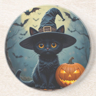 Posavasos Gato negro adorable que lleva sombrero de bruja